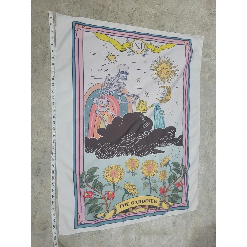 The Gardener Tarot Card Skeleton Sunflower Wall Tapestry 36x28 Pink Blue XI